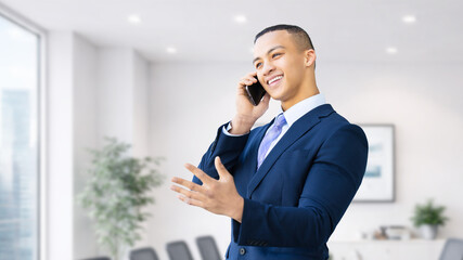 スマートフォンで通話するビジネスマン オフィスのビジネスコミュニケーションイメージ, Businessman Talking on Smartphone in Office Communication Concept © Trickster*
