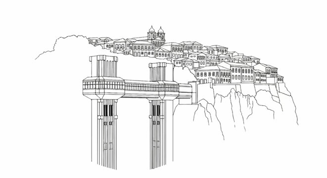Architectural sketch of a historic city perched atop rocky cliffs, with an elevator