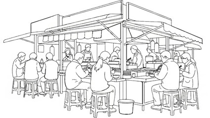 Fototapeta premium People eating at an outdoor food stall with awnings and serving counters