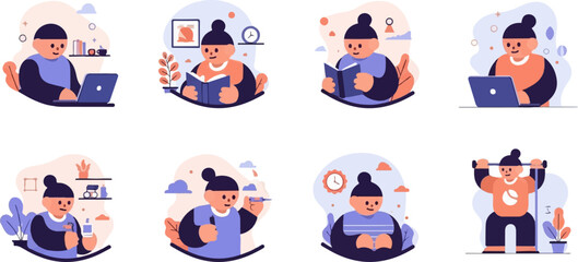 Fototapeta premium Diverse daily activities of a character working, reading, and exercising