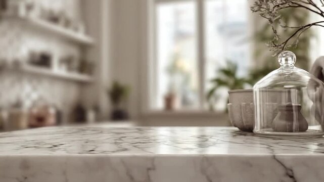 Elegant marble countertop with decorative items in a blurred modern kitchen