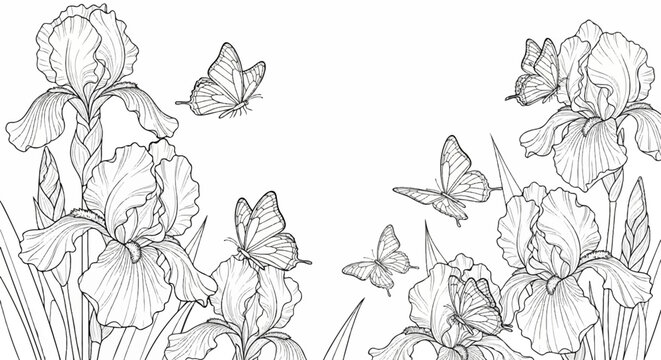 Delicate iris flowers with butterflies in a decorative, sketched line art composition