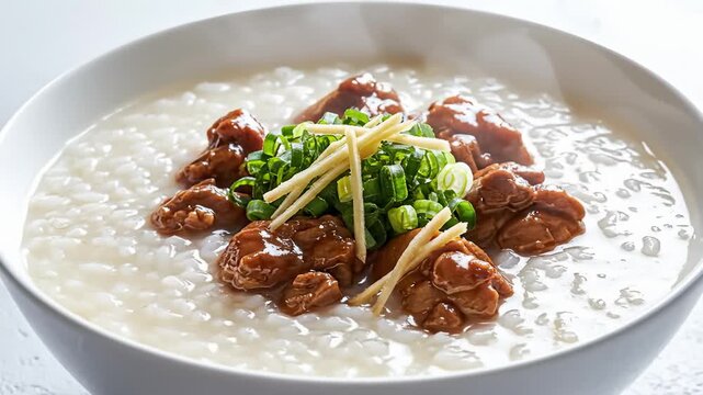 Close-Up of a Bowl of Savory Congee Topped With Meat, Scallions, and Ginger