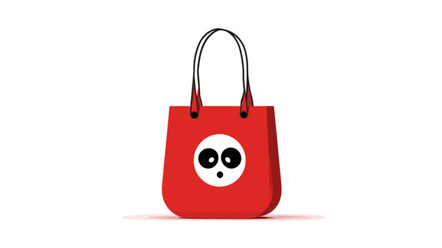 Vibrant red tote bag with a stylized panda face icon. Reusable shopping handbag isolated on white background, vector graphic illustration.