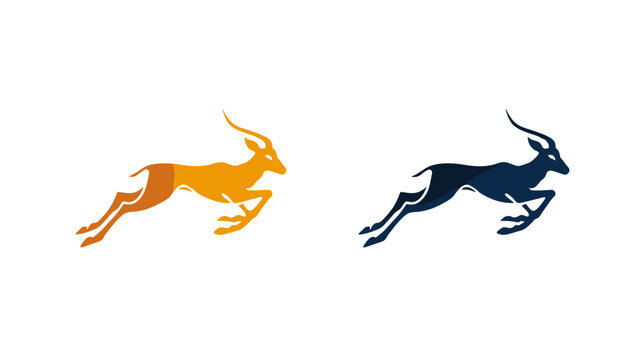 Stylized running gazelle silhouette graphic. Agile African antelope vector illustration in orange and dark blue for speed concepts.