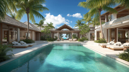 Fototapeta premium A luxurious villa courtyard with swimming pool representing upscale residential lifestyle and premium real estate.