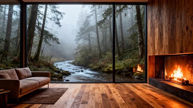 Cozy living room with forest view