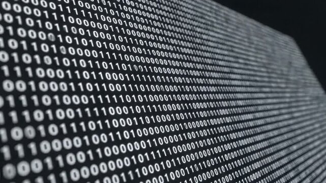 Digital binary code stream on a dark technology background
