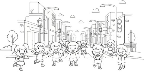Obraz premium Diverse cartoon children joyfully cross a city street on a sunny day