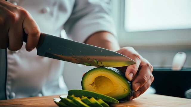 A chef cuts an avocado with a knife on a wooden board in a kitchen. Fresh ingredients are used for a meal