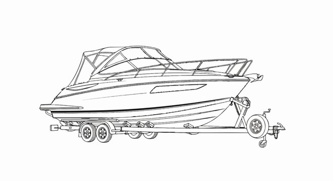 Black and white sketch of a sleek motorboat on a double-axle trailer
