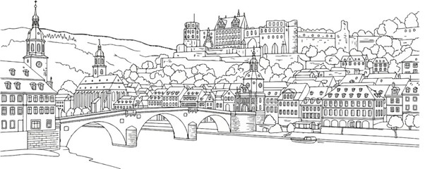 Fototapeta premium A historic European city skyline with a river, bridge, and castle