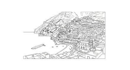 Obraz premium A detailed sketch of buildings cascading down a cliff to a seaside bay with boats