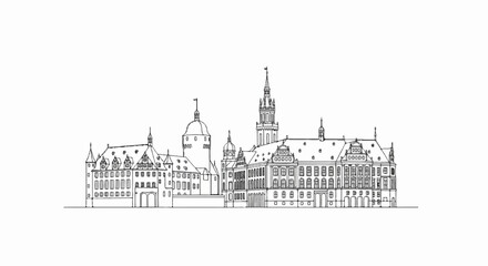 Fototapeta premium Detailed line art drawing of a historic European cityscape with varied roofs and spires