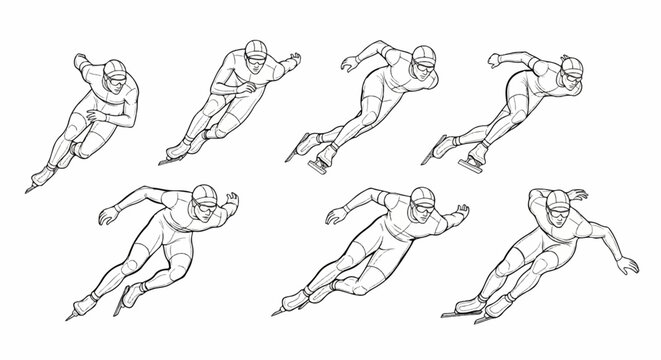 Eight figures of speed skaters in various dynamic poses on ice