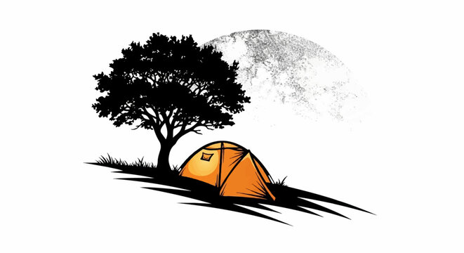 Orange tent pitched under a silhouetted tree with a textured moon backdrop