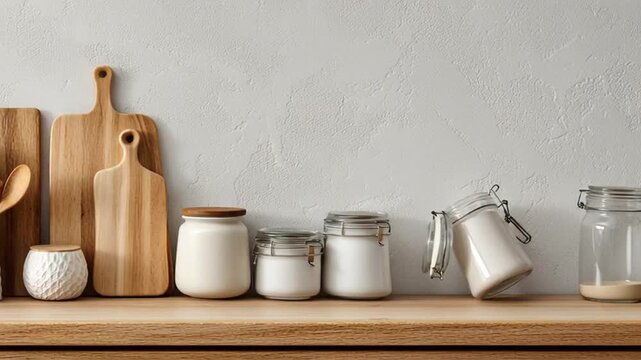 Elegant Kitchenware Arrangement Featuring Wooden Spoons Chopping Boards and Pantry Jars
