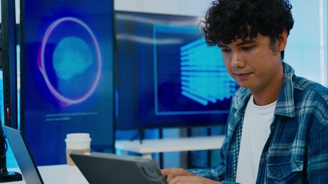 software engineer or programmer team working late in development office,problem solving or algorithm of ai assistant,ai agent helping for work.software developer,digital technology security concept