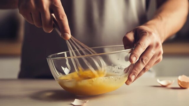 Person whisking eggs in a bowl in a home kitchen while preparing breakfast in the morning hours