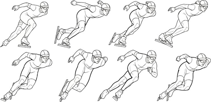 Multiple speed skaters in dynamic poses, captured in a stylized line drawing