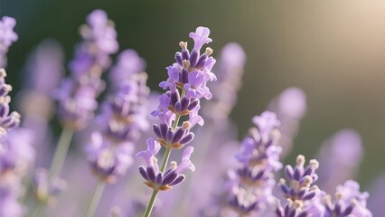 Fototapeta premium Close-up shot of delicate purple lavender flowers in full bloom, bathed in warm sunlight, evoking a serene and natural beauty ideal for aromatherapy and relaxation concepts