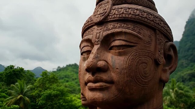 Two large stone statues of ancient people in a lush green landscape with mountains