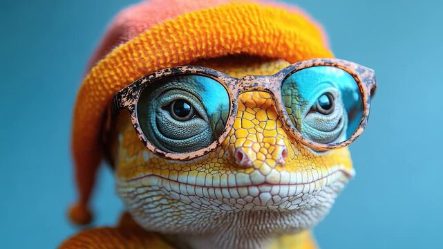 Close-up of a reptile in stylish accessories