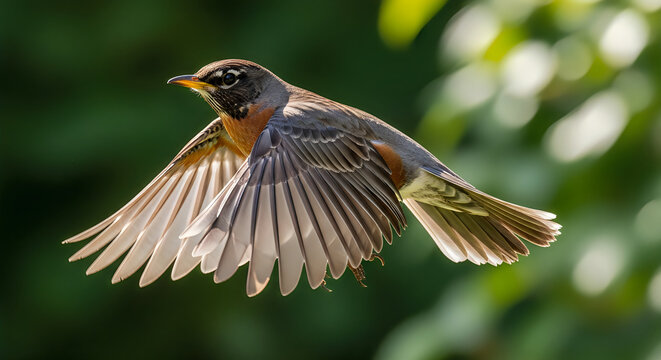 A close up side profile view of an american robin in flight against a blurred green forest background
