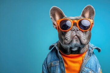 Fototapeta premium Cute bulldog wearing red sunglasses and denim jacket on blue studio background. Closeup portrait. Stylish trendy dog on colorful backdrop. Playful fashion vibe. Happy puppy. Pet party. Poster, card