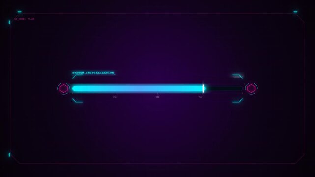 Futuristic system initialization loading sequence with blue glowing progress bar on a dark grid background, illustrating data processing and
