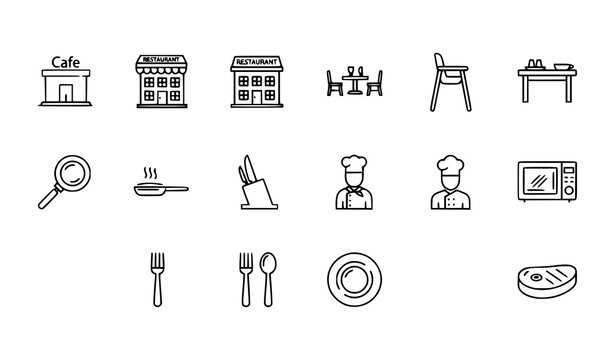 Thin line restaurant and cafe icon set with table chair chef pan fork spoon plate and steak vector collection