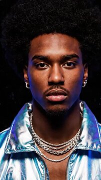 Young man with afro wears metallic jacket amid digital glitch and liquid distortions. Hyper sensory visuals capture futuristic cybernetic mood. Ideal for creative media and tech ads.