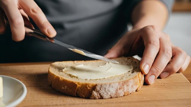 A person spreads butter on a slice of bread in a kitchen during the morning. The kitchen is well lit and cozy