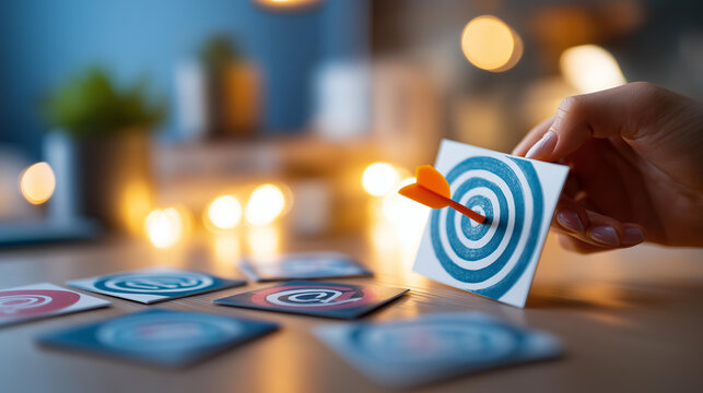 Studio flat lay of small printed icon cards for social media email and website channels arranged in a circle around a central target card on a clean bright surface a bold arrow