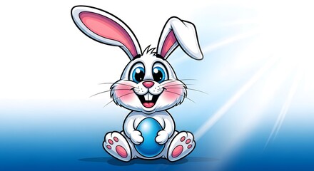 Obraz premium Cartoon easter bunny holding blue egg