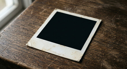 Empty Blank Instant Photo Print Resting on a Wooden Table