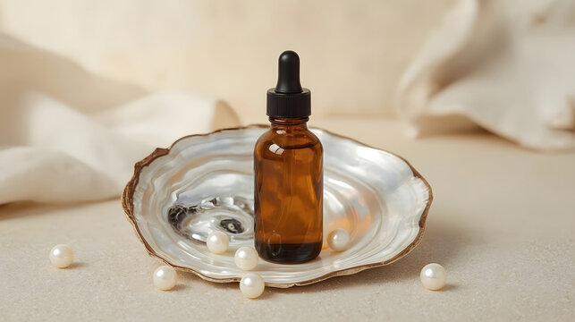Amber glass bottle of serum in an oyster shell with pearls. Natural skincare.
