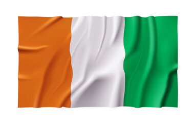 Obraz premium Realistic Côte d'Ivoire (Ivory Coast) country flag isolated on a transparent background. Silk atlas detailed fabric flag. Vector PNG