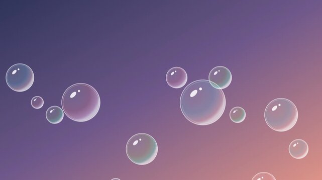 Iridescent soap bubbles gently rise through a soft purple and orange gradient, a tranquil abstract fluid motion