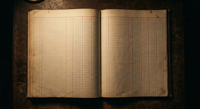 Open Antique Ledger Book Displaying Blank Gridded Paper Pages
