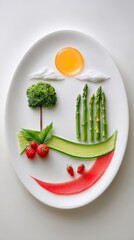 A vibrant, artistic arrangement of fresh vegetables and fruits, showcasing a miniature landscape on a white plate.