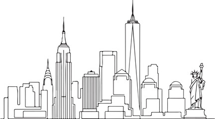 Obraz premium New York City skyline with Statue of Liberty in simple line drawing style iconic landmarks