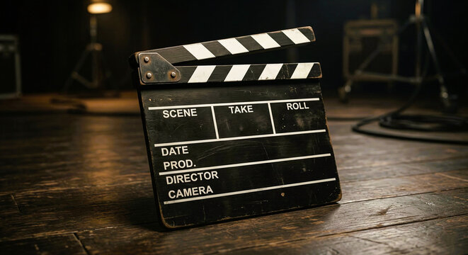 Vintage Movie Clapperboard Resting on a Dark Studio Floor