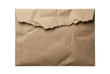 Obraz premium Torn brown kraft envelope top view isolated. Crumpled paper mailer mockup.