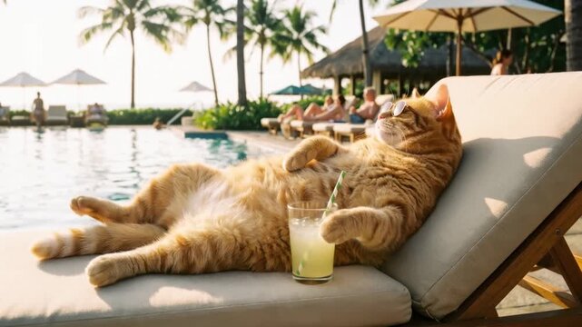 Relaxed ginger cat wearing sunglasses lying on lounge chair near swimming pool with refreshing drink. Humorous tropical vacation concept with resort atmosphere.