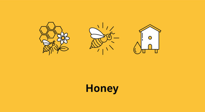 Collection of linear icons representing honey production with bees, honeycomb, and a beehive on a yellow background.