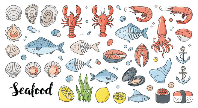 Comprehensive collection of seafood icons including various fish, shellfish, crustaceans, and sushi elements in a linear style.