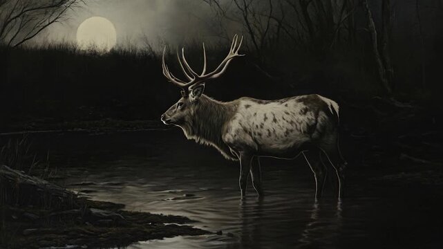 A deer wading through a stream, calm and serene