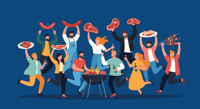 Large group of happy friends celebrating at a festive outdoor barbecue party with grilled meat, drinks, and joyful dancing.