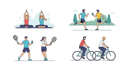 Fototapeta premium Diverse collection of people performing different physical activities like yoga, running, playing tennis, and cycling.